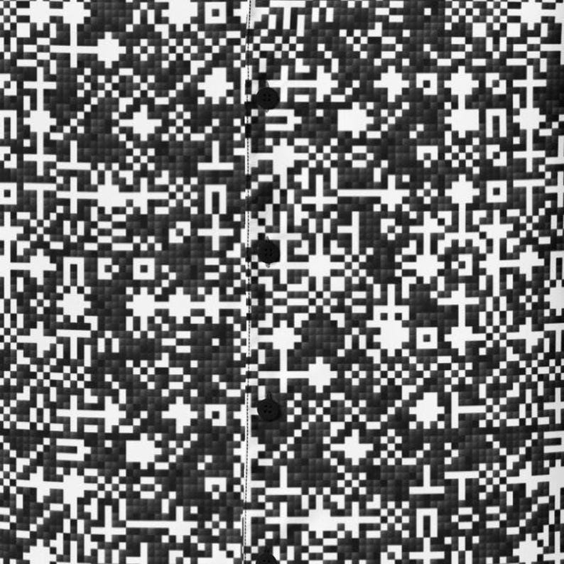 An older man in his 60s who appreciates modern design and technology wearing Digital Binary Hawaiian Shirt, Tech Matrix Aloha Shirt, QR Code Button Down, Barcode Camp Shirt, Pixel Pattern Beach Top