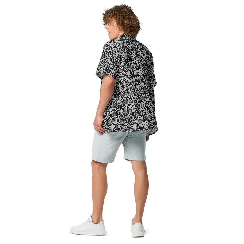 QR Code Barcode Data Matrix Pattern, Adult Unisex All-Over Relaxed Fit Button Up Hawaiian Shirt, Moisture Wicking UPF50+ Material, Tech Gift