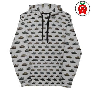 May include: A light gray hoodie featuring a repeating pattern of various colored tanks. The tanks are in shades of green, brown, and gray. The hoodie has a drawstring hood and a front pocket.