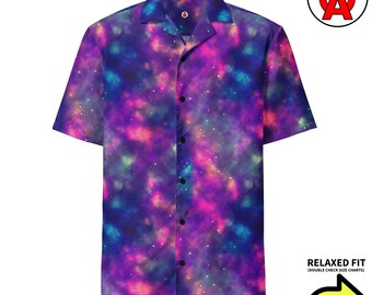 Galaxy Hawaiian Shirt, Nebula Button Down, Stargazer Aloha Shirt, Cosmic Button Up, Astronomer Beach Top, Space Camp Collar