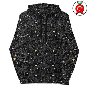 Hoodie met AOP-print over computertechnologie, top voor unisex met programmeer- en data-afbeeldingen, trui met grafische print over datawetenschap, zachte trui met tech-iconen