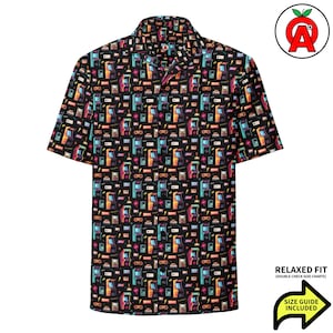 Retro Arcade Video Game Controllers Pattern, Adult Unisex All-Over Relaxed Fit Button Up, Recycled Polyester, Moisture Wicking