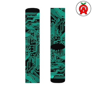 May include: A pair of black socks with a teal circuit board design. The socks feature a repeating pattern of lines and shapes, resembling the internal components of a computer.