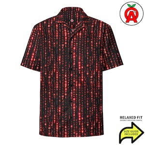 Peut inclure: Chemise noire à boutons avec un motif de pluie numérique rouge. La chemise à manches courtes a une coupe décontractée et un col. Le motif présente des lignes verticales de caractères rouges sur fond noir. Guide des tailles inclus.
