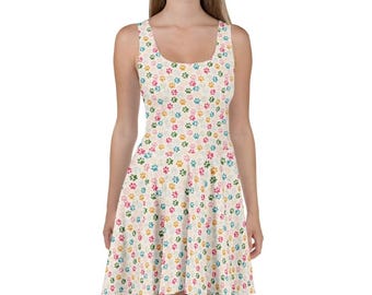 Hunde Skater Kleid, Welpen Damen Sommerkleid, Haustier A-Linie Geschenk, Pfoten Ärmelloses Outfit, Pfotenabdruck Freizeitkleid, Canine Boho Design