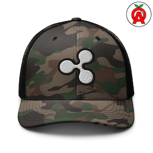 May include: Camouflage trucker hat with a white embroidered Ripple logo. The hat features a black mesh back and a curved brim. The camouflage pattern includes shades of green, brown, and black.