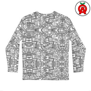 Peut inclure: T-shirt blanc à manches longues avec un motif de circuit imprimé noir. Le motif recouvre l'ensemble du vêtement, y compris les manches. Le t-shirt a un col rond et est fait d'une matière douce. Un logo de pomme rouge avec un A blanc est dans le coin supérieur droit.