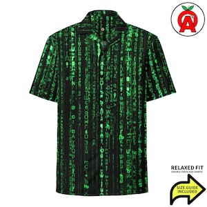Camisa con botones de código Matrix - Moda tecnológica unisex de código binario para programadores y profesionales de TI - Transpirable y absorbente de humedad para verano