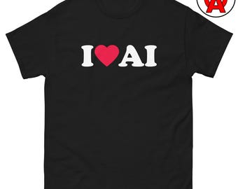 Può includere: Maglietta nera con testo bianco che dice "I love AI" con un cuore rosso al posto della "O".