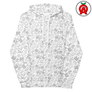 以下が含まれることがあります： 白のパーカー。グレーのグラフ、グラフ、図の繰り返し模様があります。パーカーには、ドローストリングフードとカンガルーポケットが付いています。デザインは衣服全体を覆い、視覚的に忙しいながらもまとまりのある外観を作り出しています。赤いリンゴと白い「A」のロゴが右上隅にあります。