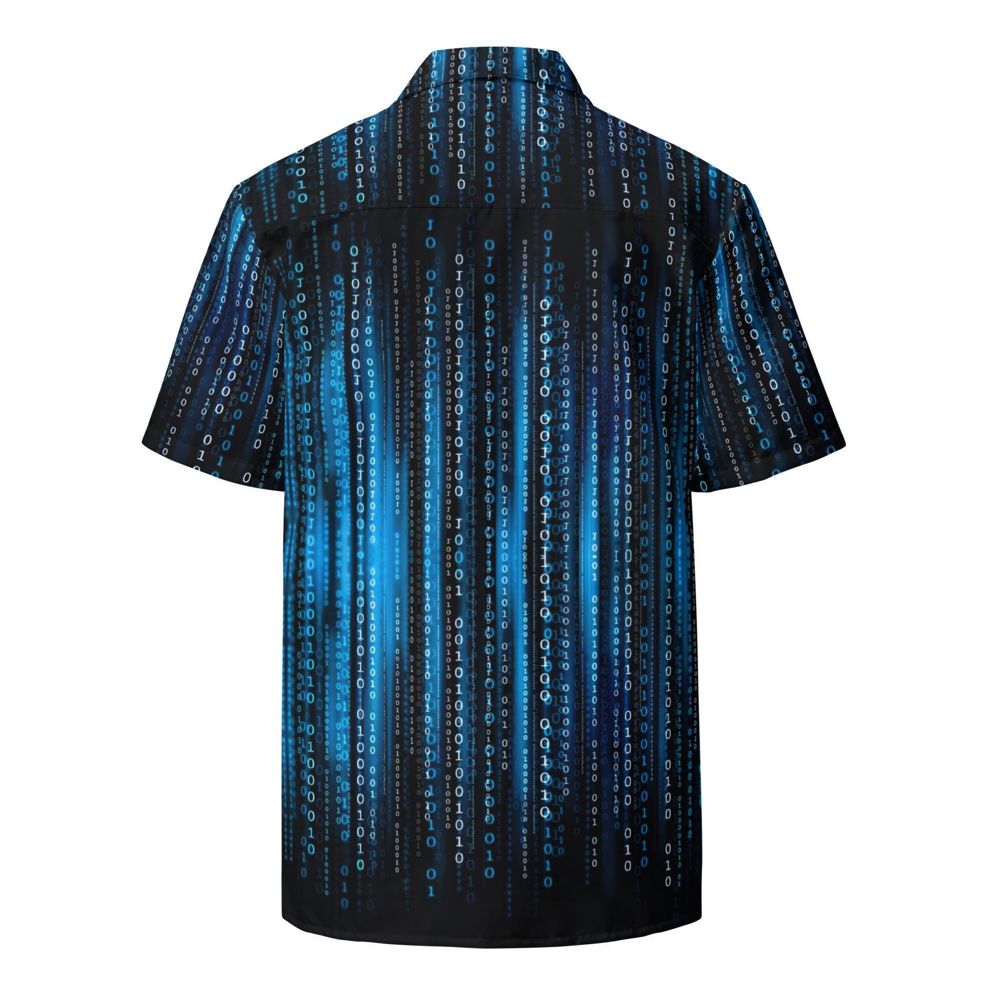 Matrix Code Binary Programming, Adult Unisex All-Over Relaxed Fit Button Up Hawaiian Shirt, Moisture Wicking UPF50+ Material, Developer Gift