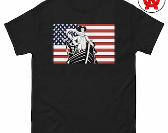 T-shirt patriottica da motociclista, maglietta con grafica della bandiera americana, maglietta classica in cotone per motociclisti, top casual vintage in stile americano.