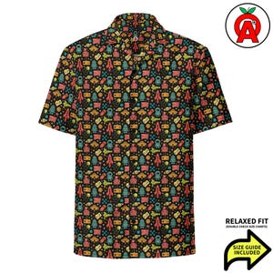 Raumschiff Shuttle Satelliten Roboter Muster, Unisex All-Over Relaxed Fit Button Up Hawaii-Hemd, Feuchtigkeitstransport, atmungsaktiver Stoff,