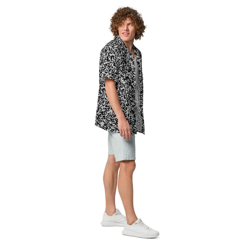 QR Code Barcode Data Matrix Code Pattern, Adult Unisex All-Over Relaxed Fit Button Up Hawaiian Shirt, Moisture Wicking UPF50+ Material, Tech