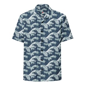Overhemd met knoopsluiting en afbeelding van de Grote Golf van Kanagawa, Aloha-shirt met Japanse kunst, Ukiyo-e kampeershirt, strandtop met oceaanmotief, resortkleding met houtsnede-afdrukken