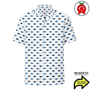 Jesus Fish Ichthus Ichthys Pattern Adult Unisex All-Over Relaxed Fit Button Up Hawaiian Shirt, Recycled Polyester, Moisture Wicking Material