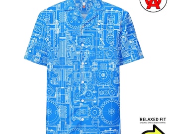 Blueprint Hawaiian Shirt, Engineering Button Down, Mechanical Aloha Shirt, Technical Camp Shirt, Gears Button Up, Industrial Beach Top