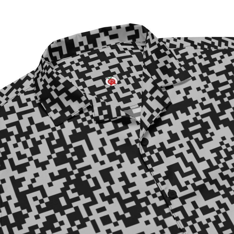 QR Code Barcode Data Matrix Pattern, Adult Unisex All-Over Relaxed Fit Button Up Hawaiian Shirt, Moisture Wicking UPF50+ Material, Tech Gift