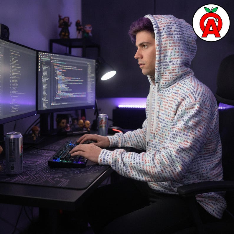 A non-binary developer in their 20s with gaming-influenced style wearing Computer Programming Code Graphic Hoodie, Coding Pattern Pullover, Developer Cozу Sweater, Software Engineer Unisex Top