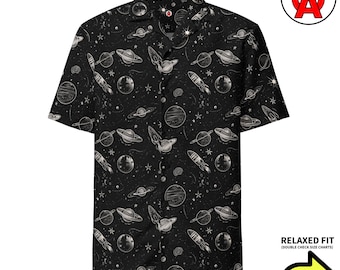 Planets Hawaiian Shirt, Spaceship Adult Unisex Shirt, Stars Relaxed Fit Shirt, Rocket Short Sleeve Button Down, Galaxy Aloha Top, Quick Dry,
