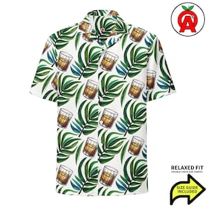 Whisky Bourbon-glas med palmbladsmönster, Vuxen Unisex Hawaiiskjorta med knäppning, heltäckande avslappnad passform, Återvunnen polyester, Fukttransporterande