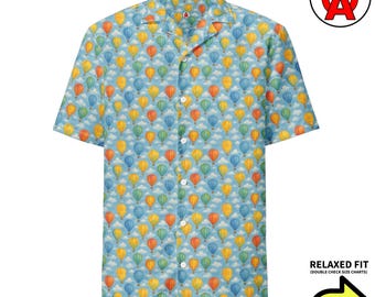 Hot Air Ballon Festival Muster, Unisex All-Over Relaxed Fit Button Up Hawaii-Hemd, recyceltes Polyester, Feuchtigkeitstransport, Breathab