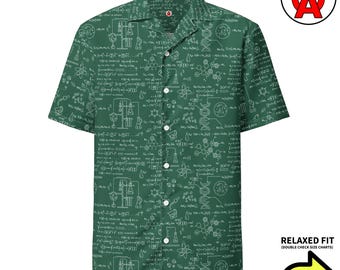 Scientific Chemistry Physics Math Equations Pattern, Adult Unisex All-Over Relaxed Fit Button Up Hawaiian Shirt