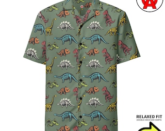 Dinosaur Hawaiian Shirt, Fossil Button Down, Bones Button Up, T-Rex Short Sleeve, Velociraptor Unisex Top, Relaxed Fit