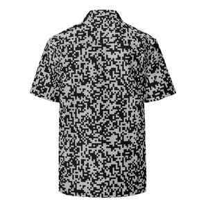 QR Code Barcode Data Matrix Code Pattern, Adult Unisex All-Over Relaxed Fit Button Up Hawaiian Shirt, Moisture Wicking UPF50+ Material, Tech