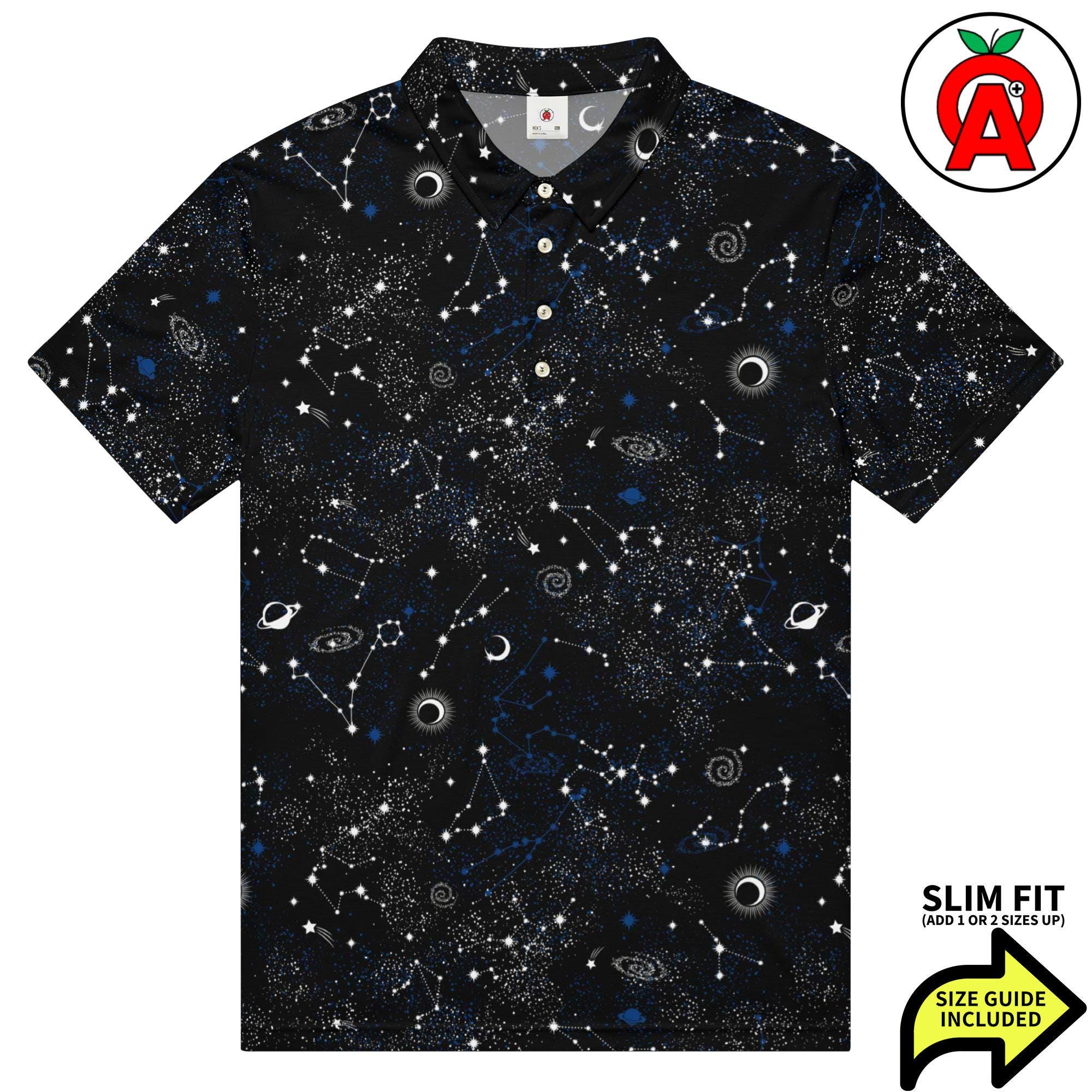 Space Polo Shirt, Galaxy Slim Fit Golf Shirt, Cosmos Tennis Top, Nebula Athletic Shirt, Orbit Short Sleeve Unisex, Stellar Stretch Material,