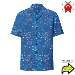 USA Firework Patriotic 250th Anniversary Pattern, Adult Unisex All-Over Relaxed Fit Button Up Hawaiian Shirt, Recycled Polyester, Moisture W