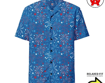 USA Firework Patriotic 250th Anniversary Pattern, Adult Unisex All-Over Relaxed Fit Button Up Hawaiian Shirt, Recycled Polyester, Moisture W