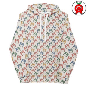Sudadera con capucha AOP con estampado de disquete, top unisex con diseño de disquete, jersey con gráfico de icono de guardar, suéter suave de estilo retro tecnológico.