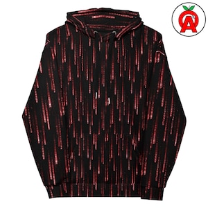Peut inclure: Un sweat à capuche noir orné d'un motif de pluie numérique rouge en cascade. Le sweat-shirt à capuche est doté d'une poche avant et de cordons blancs. Le motif recouvre l'ensemble du vêtement, créant un effet visuel saisissant. C'est un vêtement décontracté et confortable.