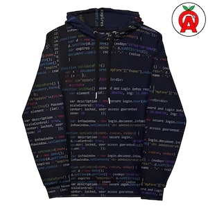 Op de afbeelding: Een zwarte hoodie met een herhaald patroon van witte computercode. De hoodie heeft een capuchon met trekkoord en een voorzak. De code is een mix van tekst en symbolen.