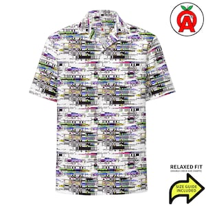 Hawaiiaans shirt computerglitch, schermpixel tropisch strand, kampkraag gebroken circuit, telefoonknop ingedrukt, lcd-scherm aloha-top uniseks, di