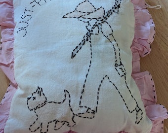 Vintage pillow. Embroidered , boy and dog