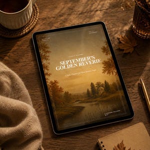 Puede incluir: Una tableta digital que muestra la portada de un planificador titulada SEPTEMBER'S GOLDEN REVERIE, A Daily Planner for Slow Autumn Days. La pantalla presenta una ilustración de un paisaje con un río, árboles y un edificio en tonos dorados.