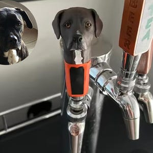 以下が含まれることがあります： オレンジと黒のシリコンスリーブが付いた黒い犬の頭のビールタップハンドル。タップハンドルは銀色のビールタップに取り付けられています。