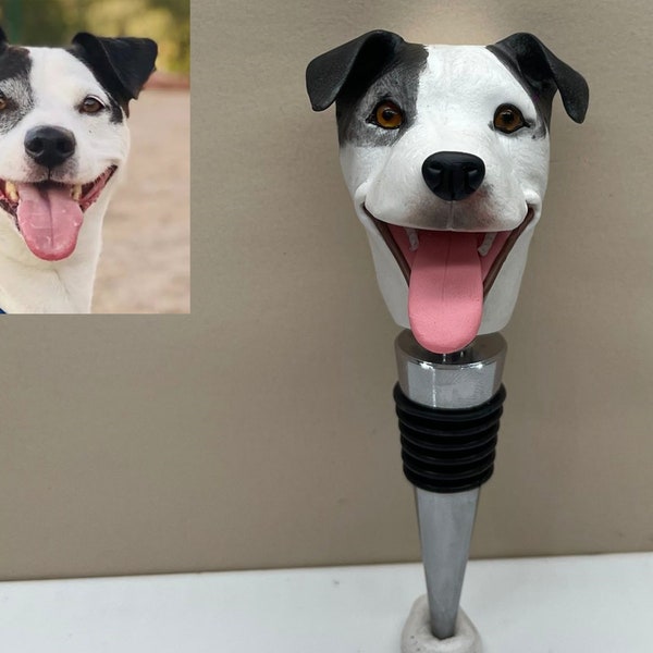 Personalized and customized dog head red wine stoppers, bottle opener handmade statues, and customized pet statues