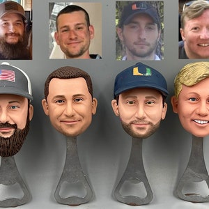 May include: Four personalized bottle openers with different faces on them. Each bottle opener is made of metal and has a black handle. The faces are all different and have different expressions.