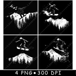 Snowboarder Silhouette Berg Winter Sport Outdoor Ski Laser Datei Untersetzer Brennen Graustufen Schiefer PNG Bild gravieren schwarz weiß Etch CO2 Cnc