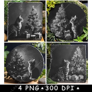 Arbre de Noël chat cadeau décoré kitty présente vacances fichier laser sous-bock graver en niveaux de gris ardoise image PNG graver noir blanc gravure CO2 Cnc