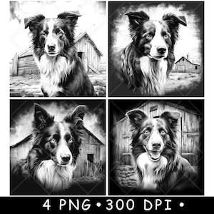 Bordercollie Schuur Huis Boerderij Hond Hoeden Bont Huisdier Landelijk Laserbestand Onderzetter Branden Grijstinten leisteen PNG-afbeelding Graveren Zwart Wit Etsen CO2 CNC