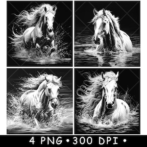 Cheval eau rivière galop Mustang étalon troupeau lac jument fichier laser dessous de verre gravure en niveaux de gris ardoise image PNG gravure noir blanc gravure CO2 Cnc