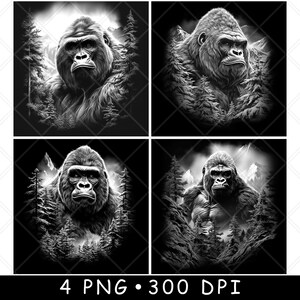 Tête de gorille, forêt de montagne, singe, primate géant, fichier laser, sous-bock, gravure en niveaux de gris, image PNG, gravure en noir et blanc, gravure CO2 Cnc