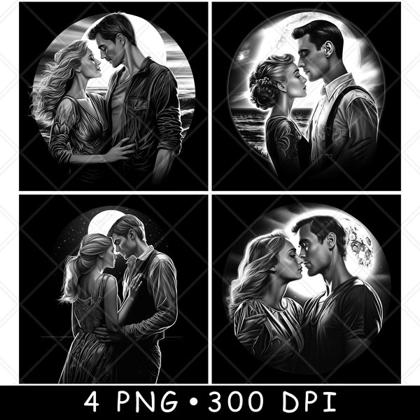 Couple Scene Full Moon Night Romantic Pair Love Laser PNG Slate Coaster Etch Wood burn Black White Cnc,Glowforge,LightBurn,CO2 Diode,xtool