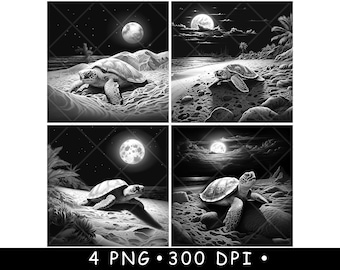 Sea Turtle Moonlit Beach Scene Black and White Ocean Wildlife Printable Laser Engraving Image