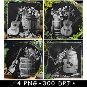 Rustiek houten vat bloemen gitaar vintage countrymuziek laserbestand onderzetter branden grijstinten leisteen PNG-afbeelding graveren zwart wit etsen CO2 CNC