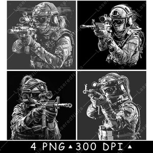 Vrouwelijke soldaat Scherpschutter Tactical Special Forces Geweer Schieten Laserbestand Achtbaan Branden Grijstinten leisteen PNG-afbeelding Graveren Zwart Wit Etsen CO2 CNC